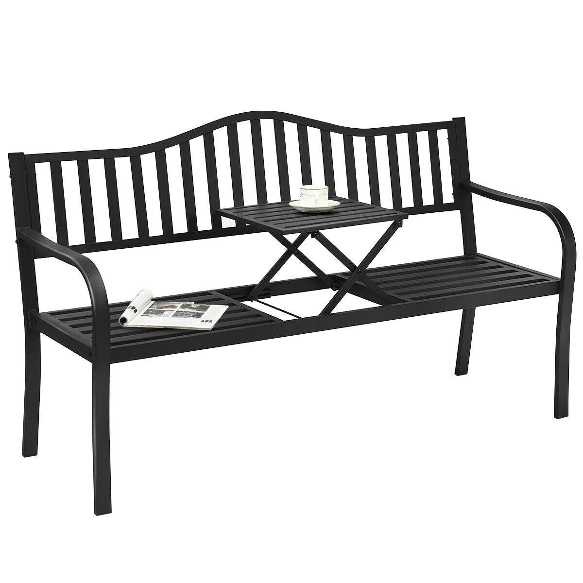Patio Garden Bench Steel Frame with Adjustable Center Table, Black Outdoor Benches at Gallery Canada