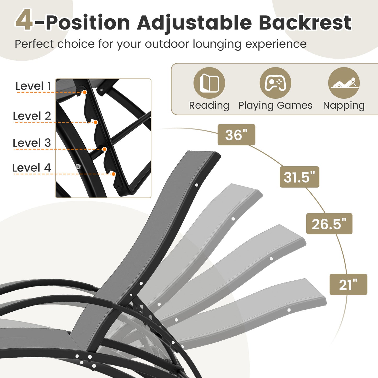 2-in-1 Outdoor Rocking Chair with 4-Position Adjustable Backrest for Patio Porch Poolside, Gray Patio Rocking Chairs & Gliders at Gallery Canada