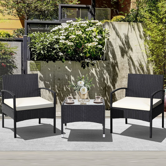 3 Piece Patio Wicker Rattan Furniture Set, With Cushion, White Patio Conversation Sets White at Gallery Canada