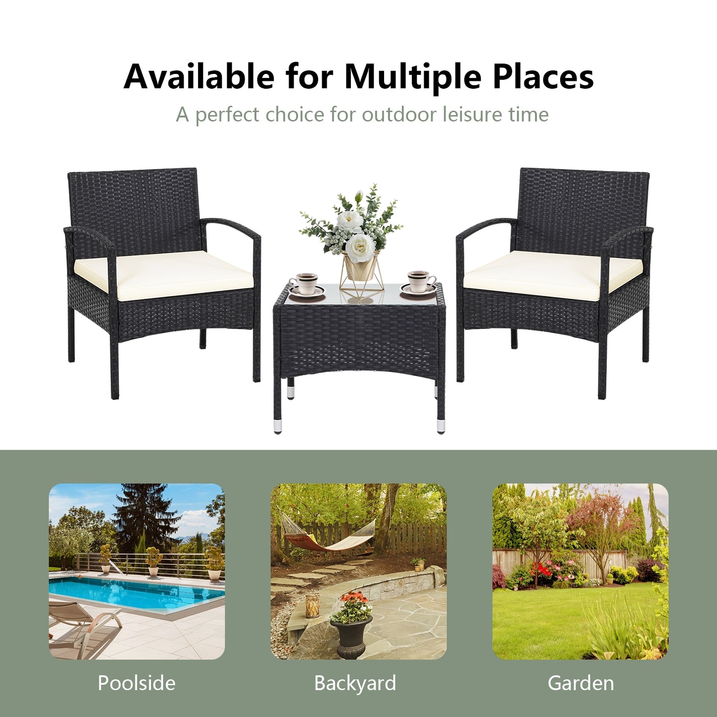 3 Piece Patio Wicker Rattan Furniture Set, With Cushion, White Patio Conversation Sets at Gallery Canada