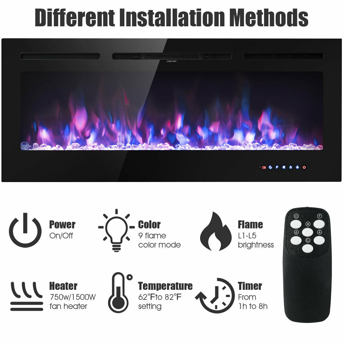 50 Inch Recessed Electric Wall Mounted Fireplace, Adjustable Brightness, Black