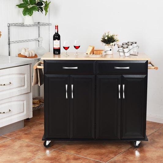 Wood Top Rolling Kitchen Trolley Island Cart Storage Cabinet, Black Kitchen Islands & Carts Black at Gallery Canada
