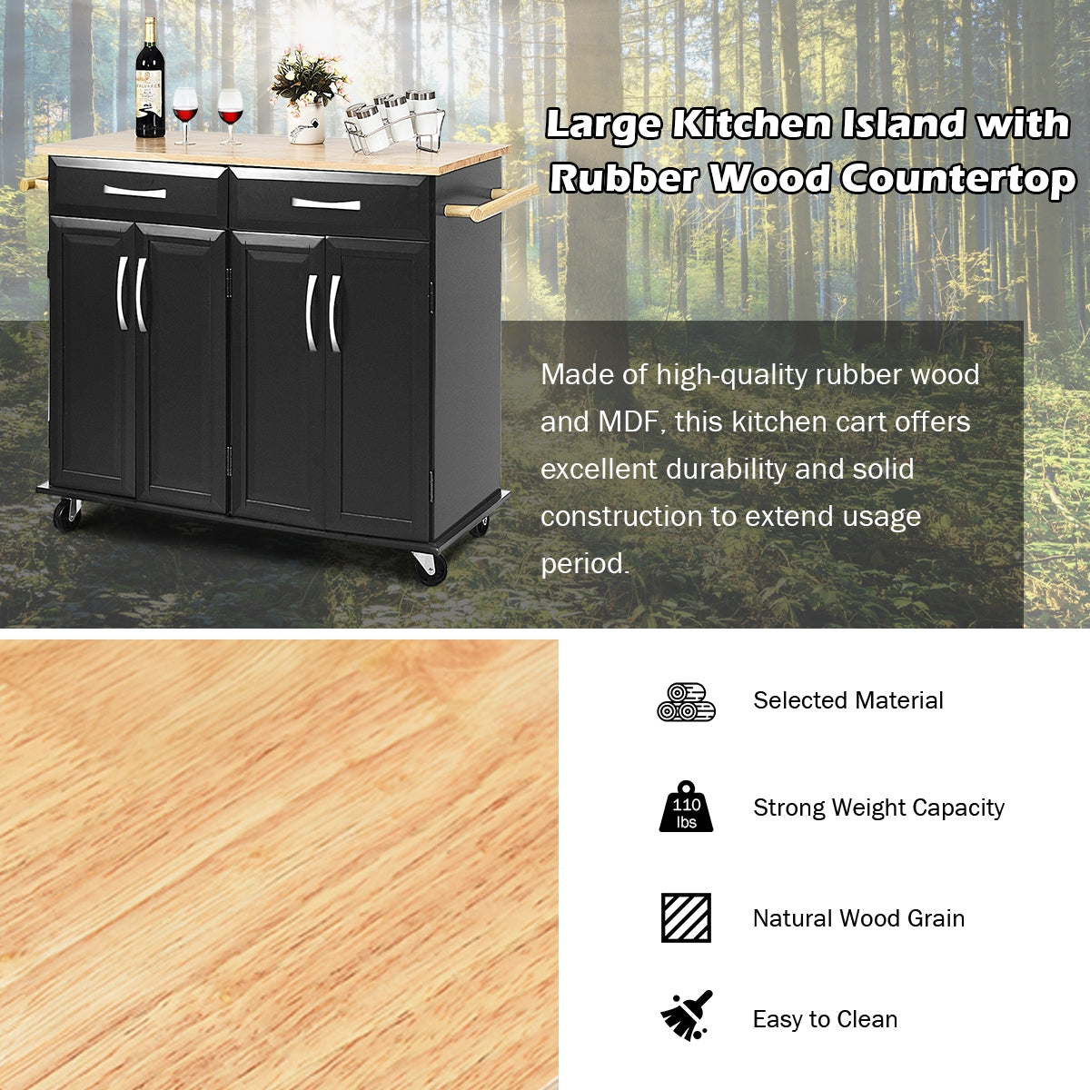 Wood Top Rolling Kitchen Trolley Island Cart Storage Cabinet, Black Kitchen Islands & Carts at Gallery Canada