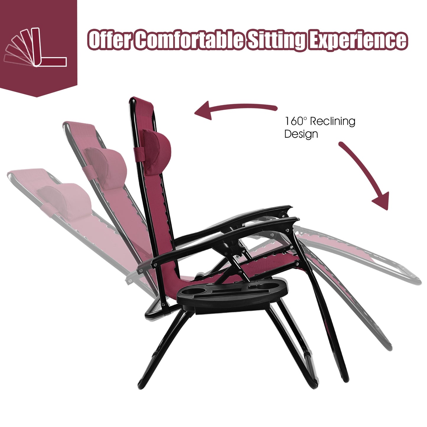 2 Pieces Folding Lounge Chair with Zero Gravity, Dark Red Beach & Lawn Chairs at Gallery Canada