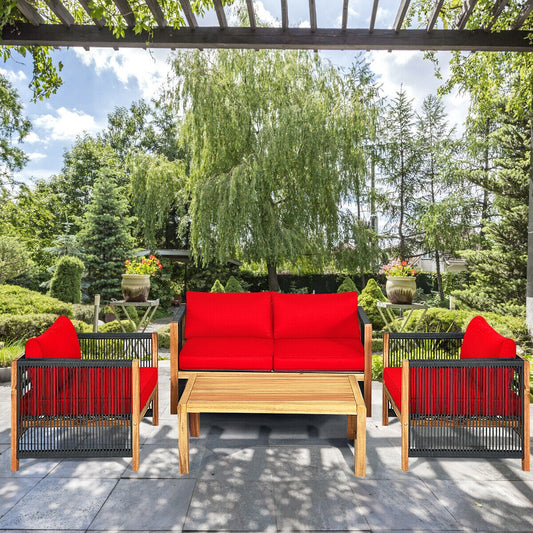 4 Pcs Acacia Wood Patio Furniture Set With Cushions, Red Patio Conversation Sets Red at Gallery Canada