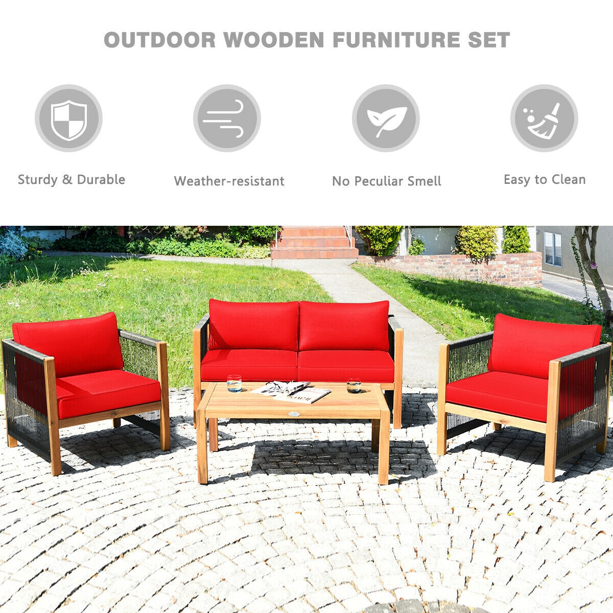 4 Pcs Acacia Wood Patio Furniture Set With Cushions, Red
