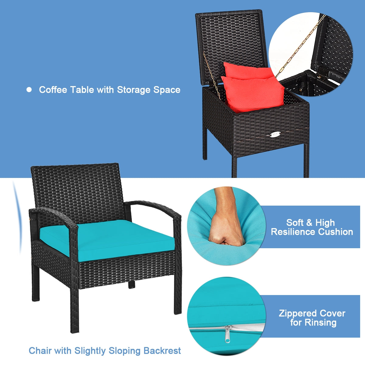 3-Piece PE Rattan Wicker Sofa Set, Washable Removable Cushion, Turquoise