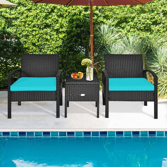 3-Piece PE Rattan Wicker Sofa Set, Washable Removable Cushion, Turquoise Patio Conversation Sets Turquoise at Gallery Canada