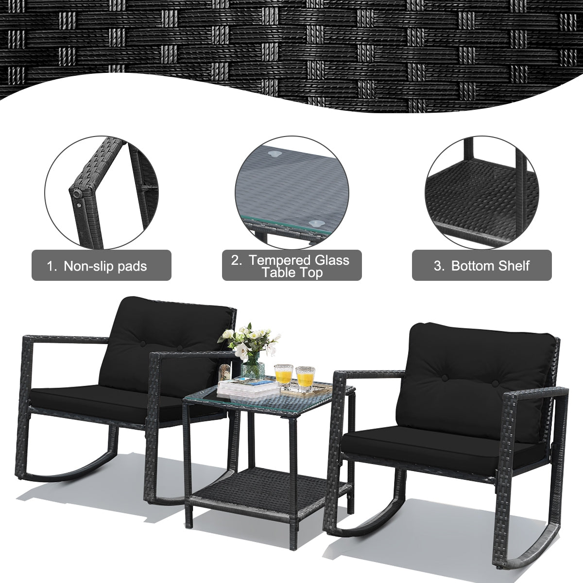 3 Piece Cushioned Patio Rattan Set, Rocking Chair, Table, Black Patio Conversation Sets at Gallery Canada
