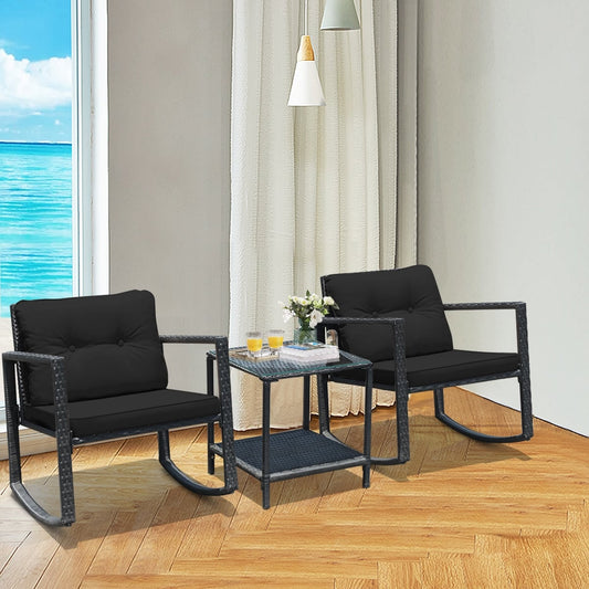 3 Piece Cushioned Patio Rattan Set, Rocking Chair, Table, Black Patio Conversation Sets Black at Gallery Canada