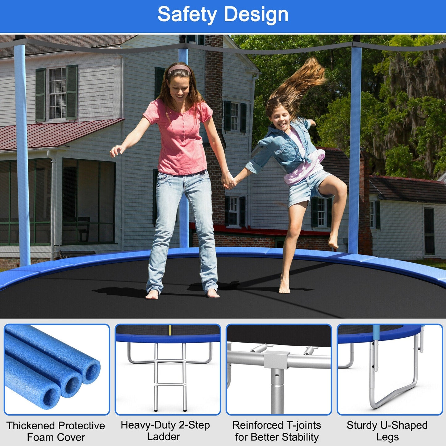 Outdoor Trampoline, 15 ft, Safety Closure Net, Multicolor