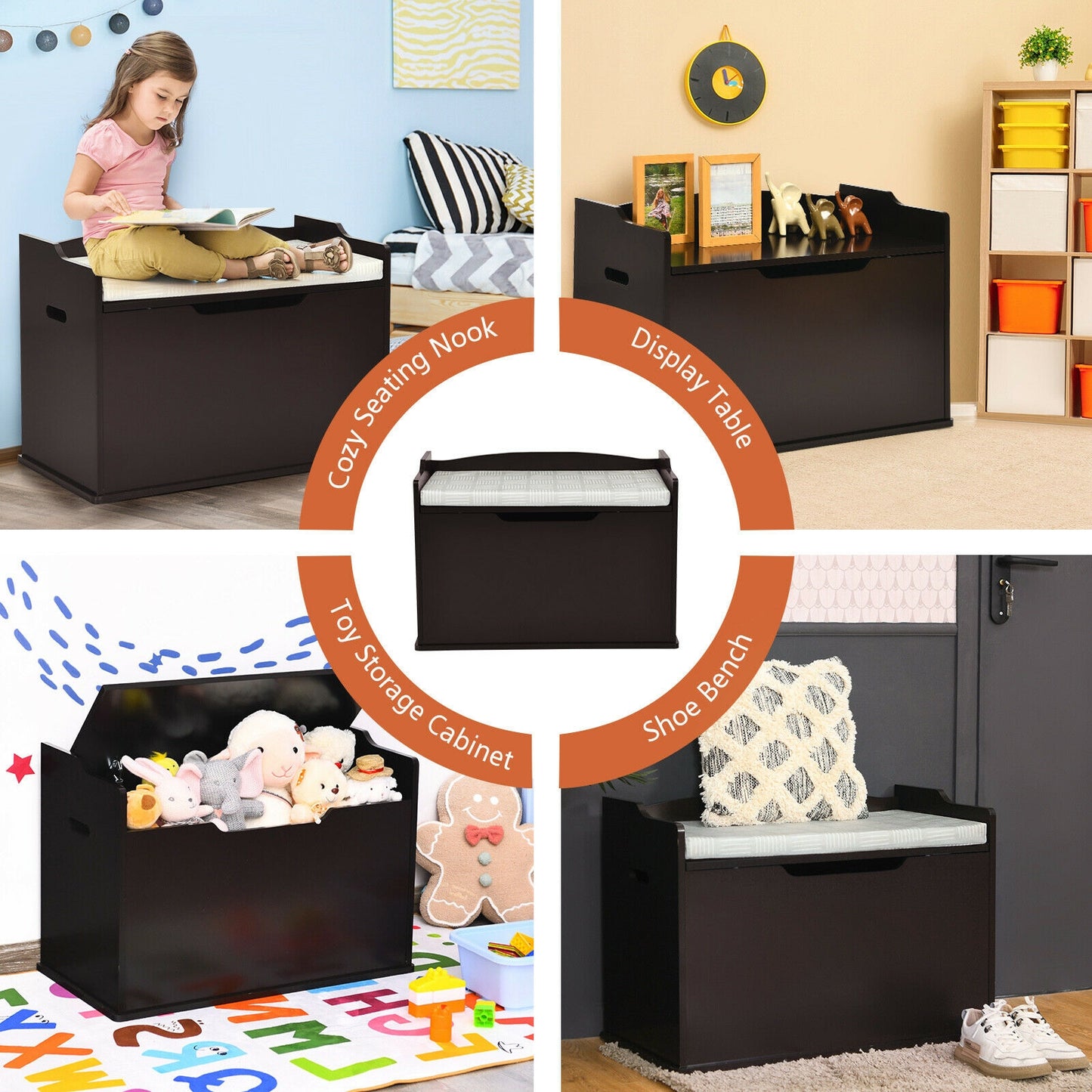 Kids Toy Wooden Flip-top Storage Box Chest Bench with Cushion Hinge, Brown Kids Storage at Gallery Canada