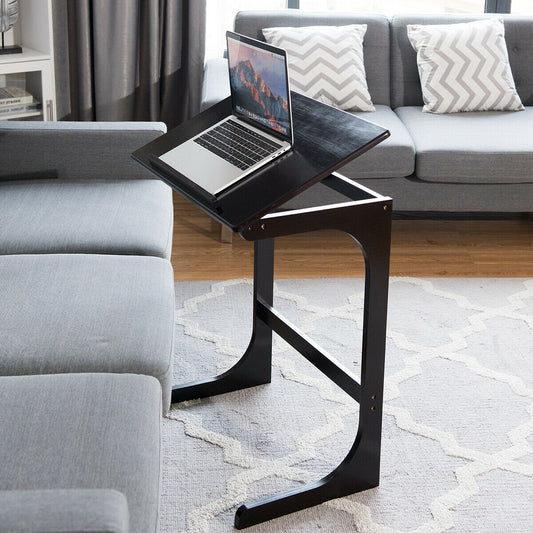 Adjustable C-Shape End Table With Tilting Top, Brown