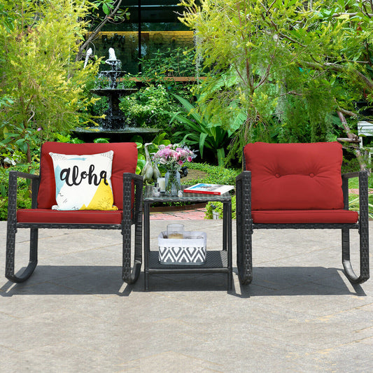 3 Pcs Wicker Rocking Bistro Set, Glass Coffee Table, Storage Shelf, Red