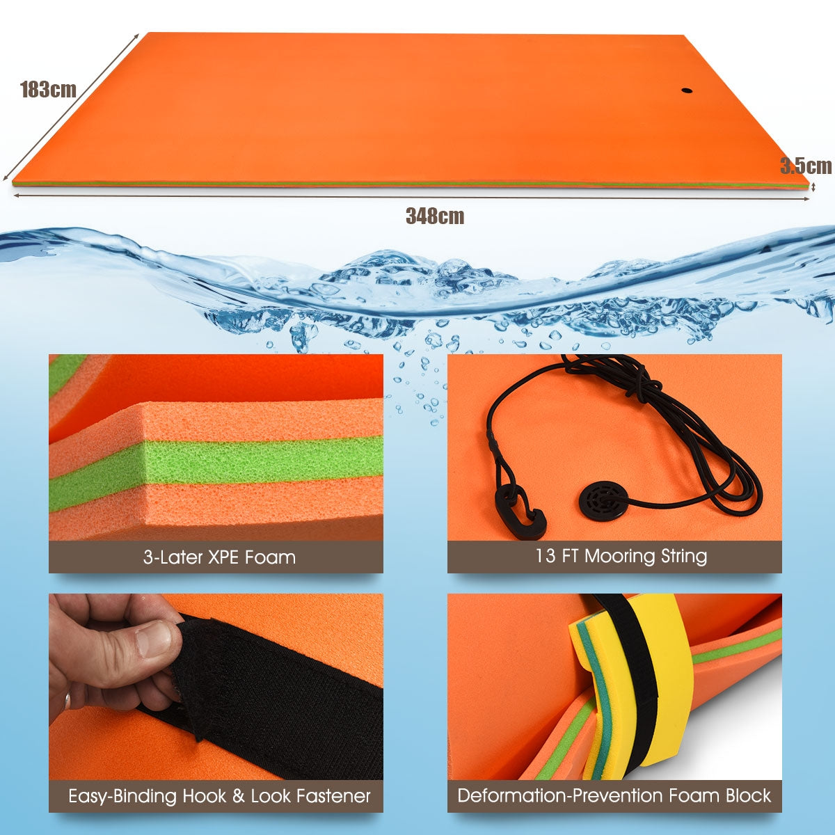 12 x 6 Feet 3 Layer Floating Water Pad, Orange Swimming at Gallery Canada