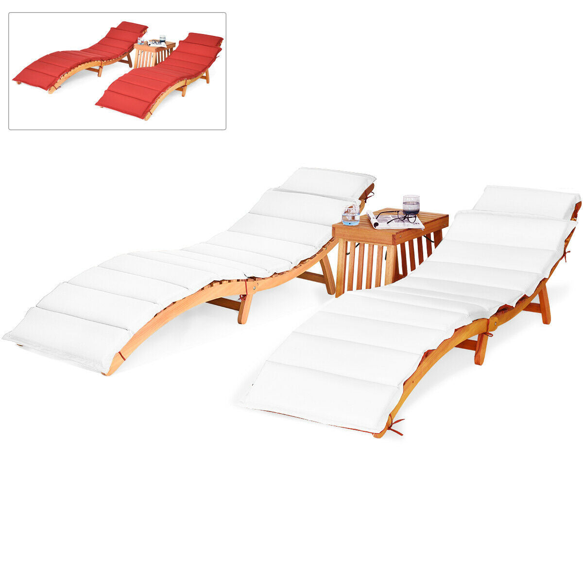 Wooden Folding Patio Lounge Chair Table Set, 3 Pieces, Red