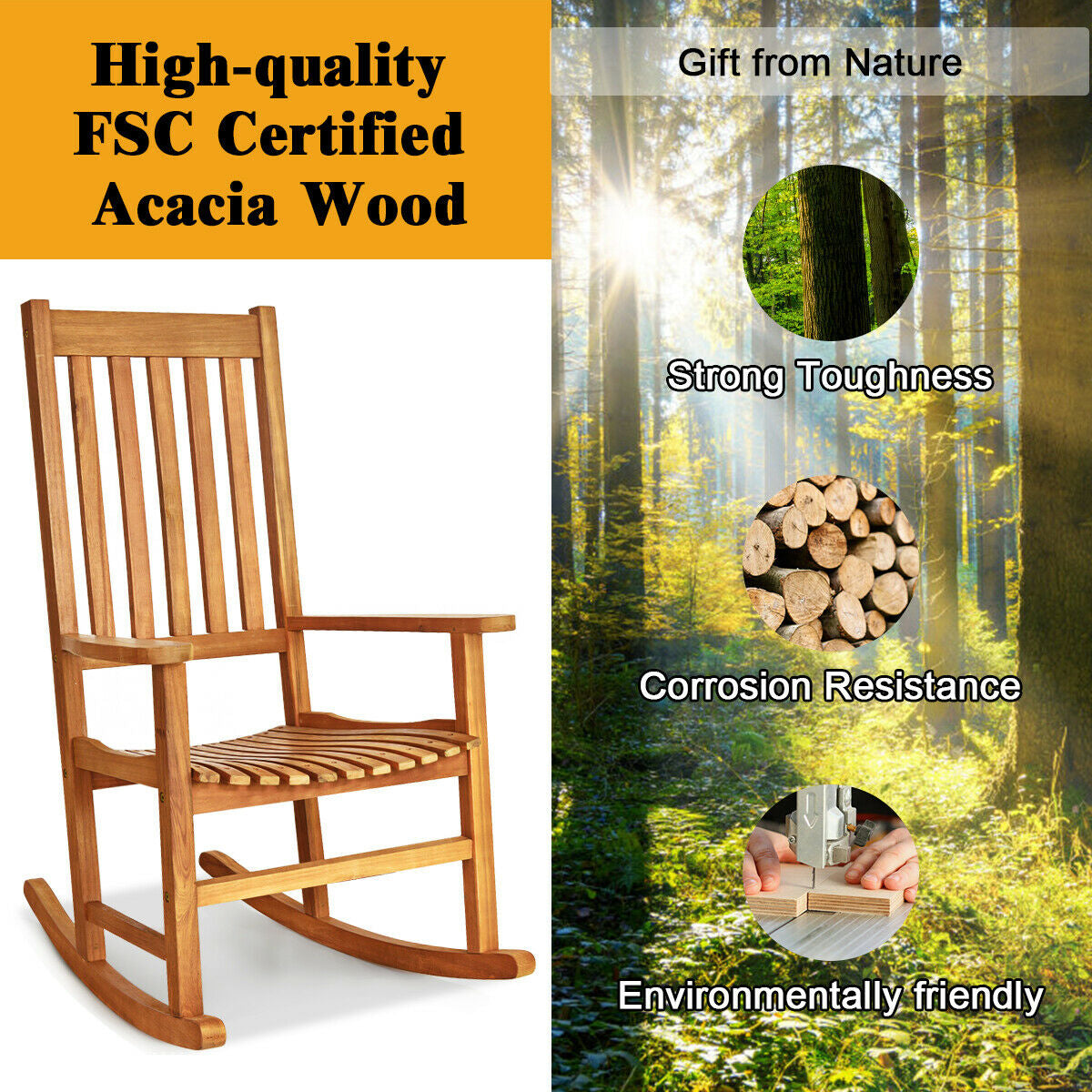 Wooden High Back Rocking Chair, Indoor Outdoor, Natural