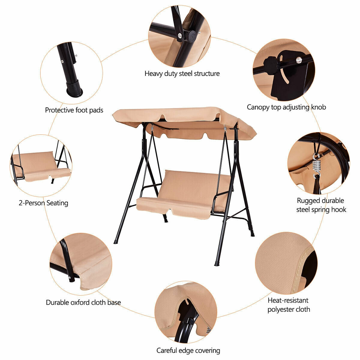 Patio Steel Frame Swing Glider Loveseat, Beige