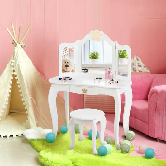 Kids Makeup Dressing Table With Tri-Folding Mirror And Stool, White Kids Vanities White at Gallery Canada