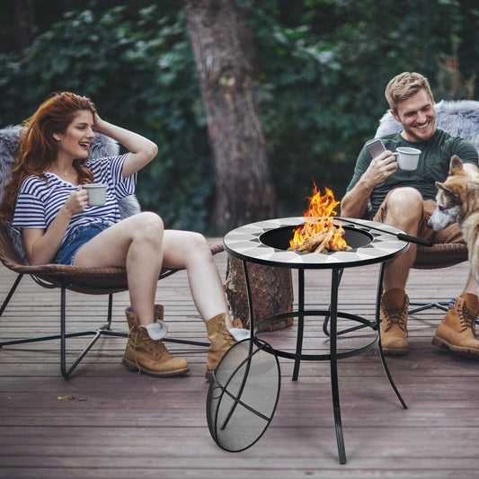 23.5 Inches Round Fire Pit Table, Mesh Cover, Fire Poker, Black Fire Pit Tables Black at Gallery Canada