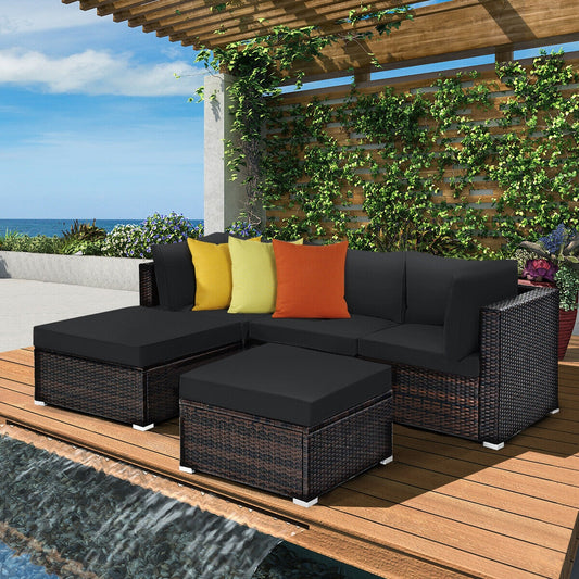 5 Piece Patio Sectional Rattan Furniture Set, Black
