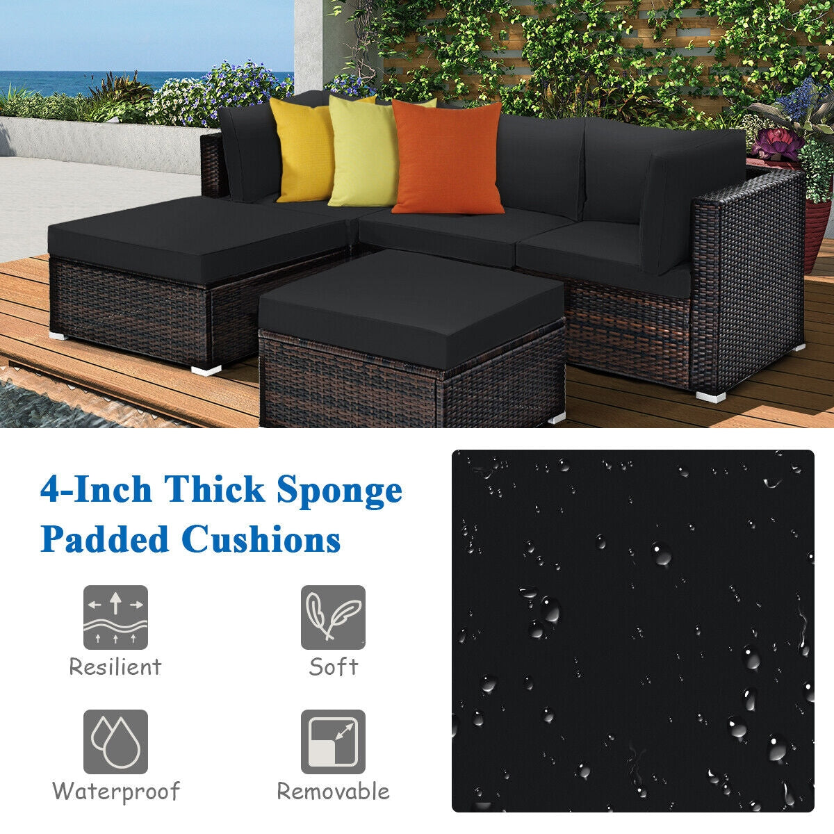 5 Piece Patio Sectional Rattan Furniture Set, Black Outdoor Sectionals at Gallery Canada