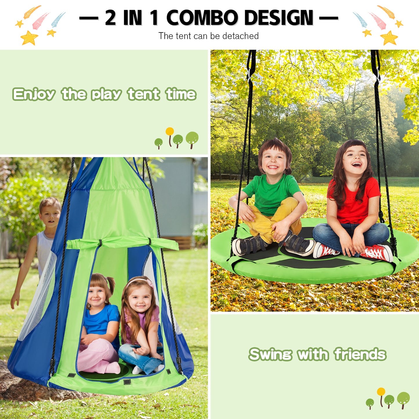 2-in-1 40 Inch Kids Hanging Chair Detachable Swing Tent Set, Green Swing & Playsets at Gallery Canada