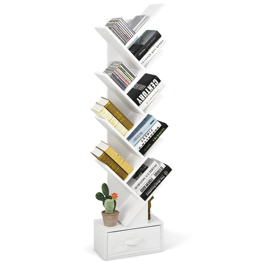 10-Tier Tree Bookshelf with Drawer Free-standing Storage Bookcase, White
