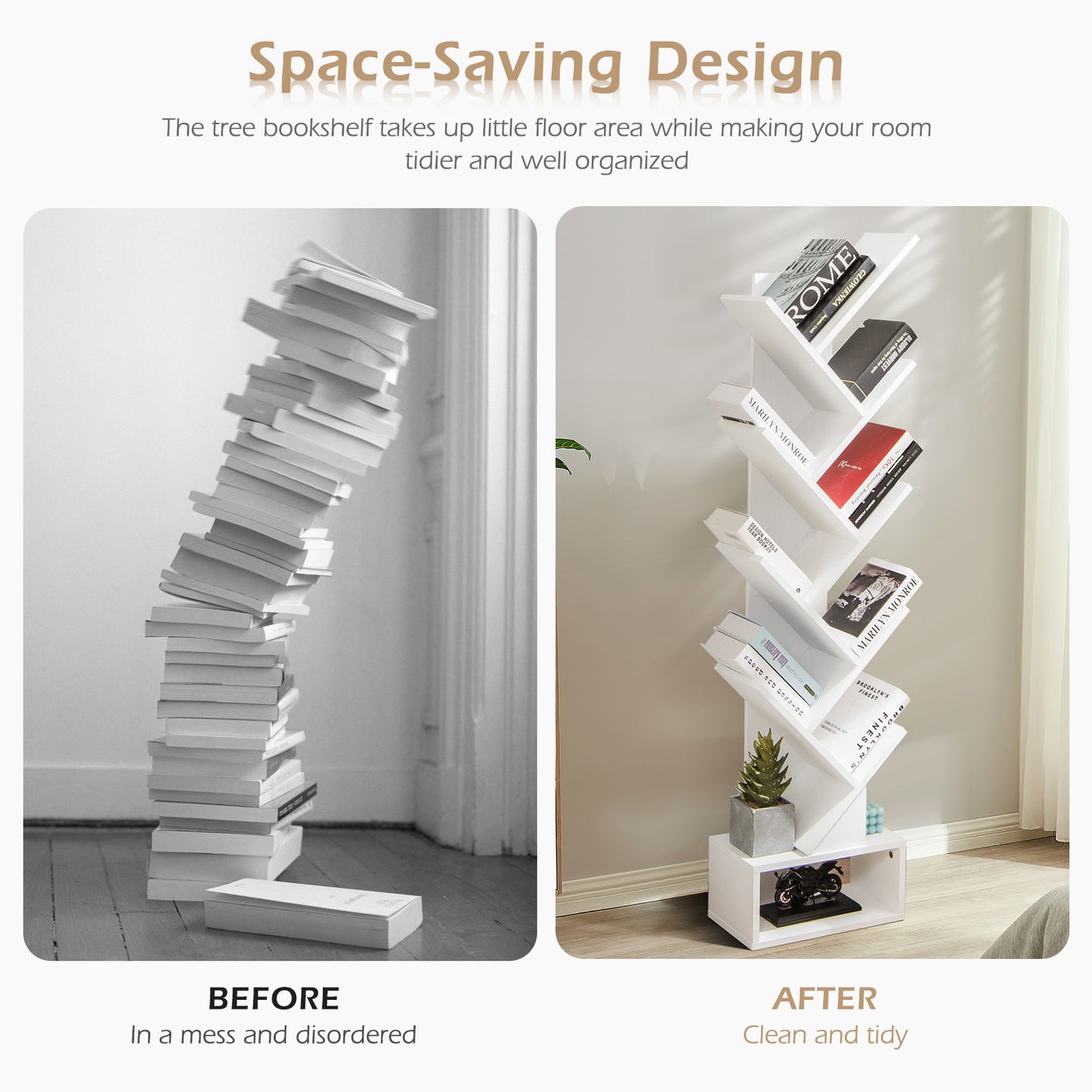 10-Tier Tree Bookshelf with Drawer Free-standing Storage Bookcase, White Bookcases at Gallery Canada