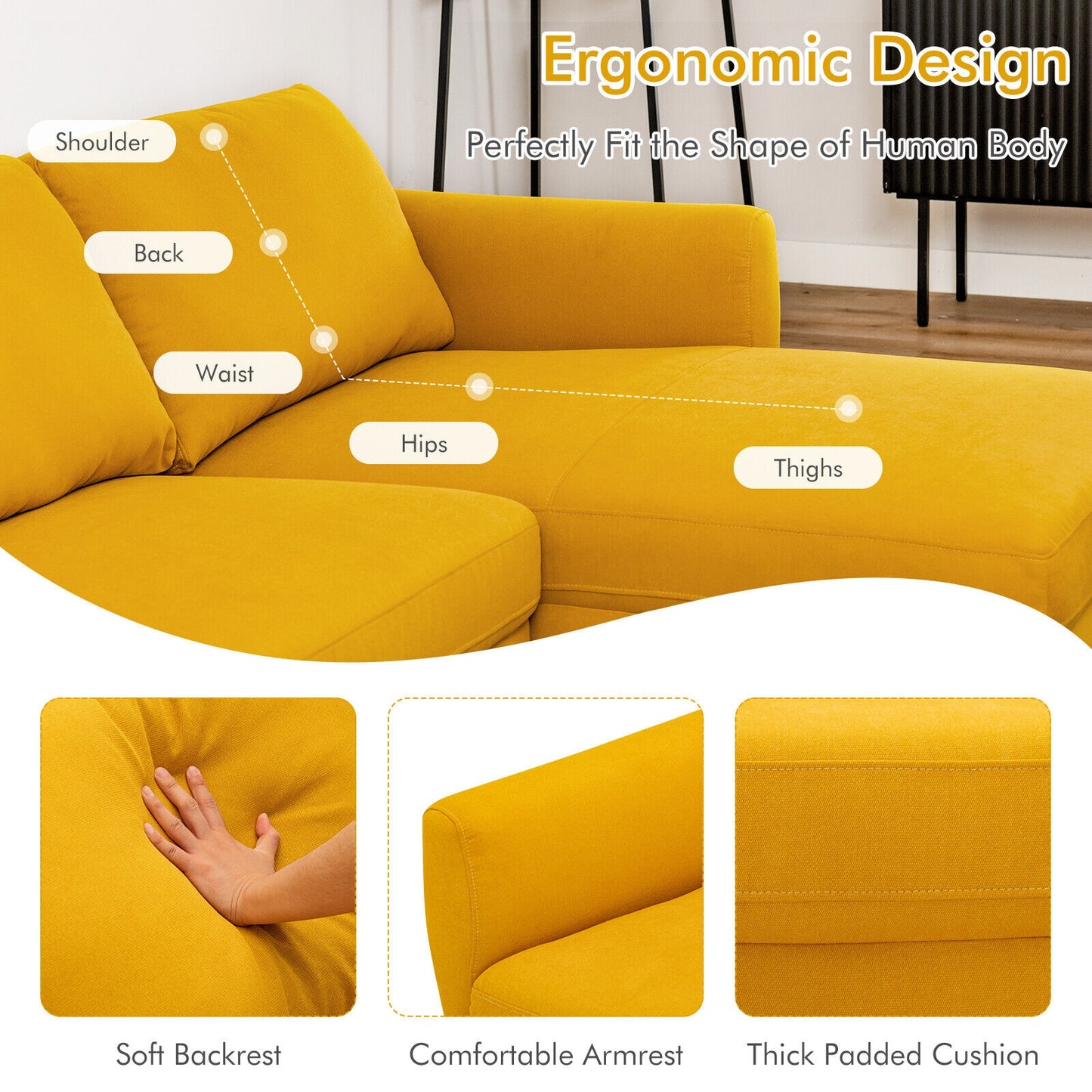 L-Shaped Fabric Sectional Sofa with Chaise Lounge and Solid Wood Legs, Yellow Sofas & Loveseats at Gallery Canada