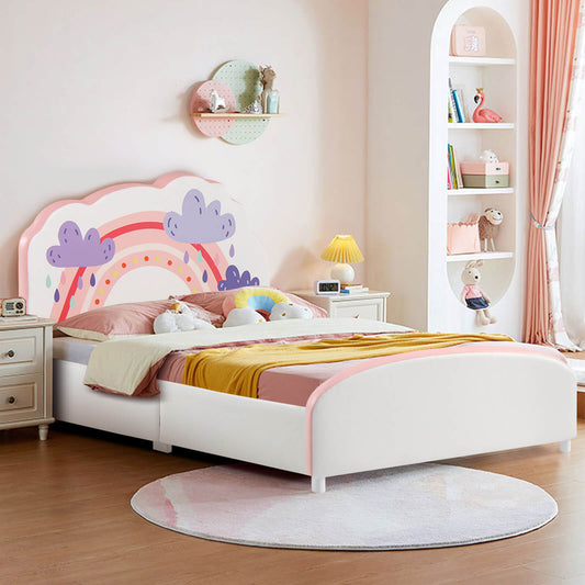 Kids Twin Size Upholstered Platform Wooden Bed, Rainbow Pattern, White Toddler Beds White at Gallery Canada
