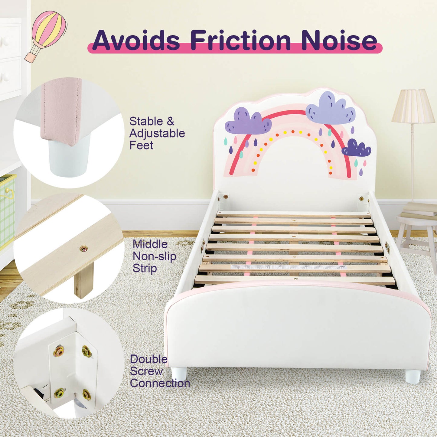 Kids Twin Size Upholstered Platform Wooden Bed, Rainbow Pattern, White Toddler Beds at Gallery Canada