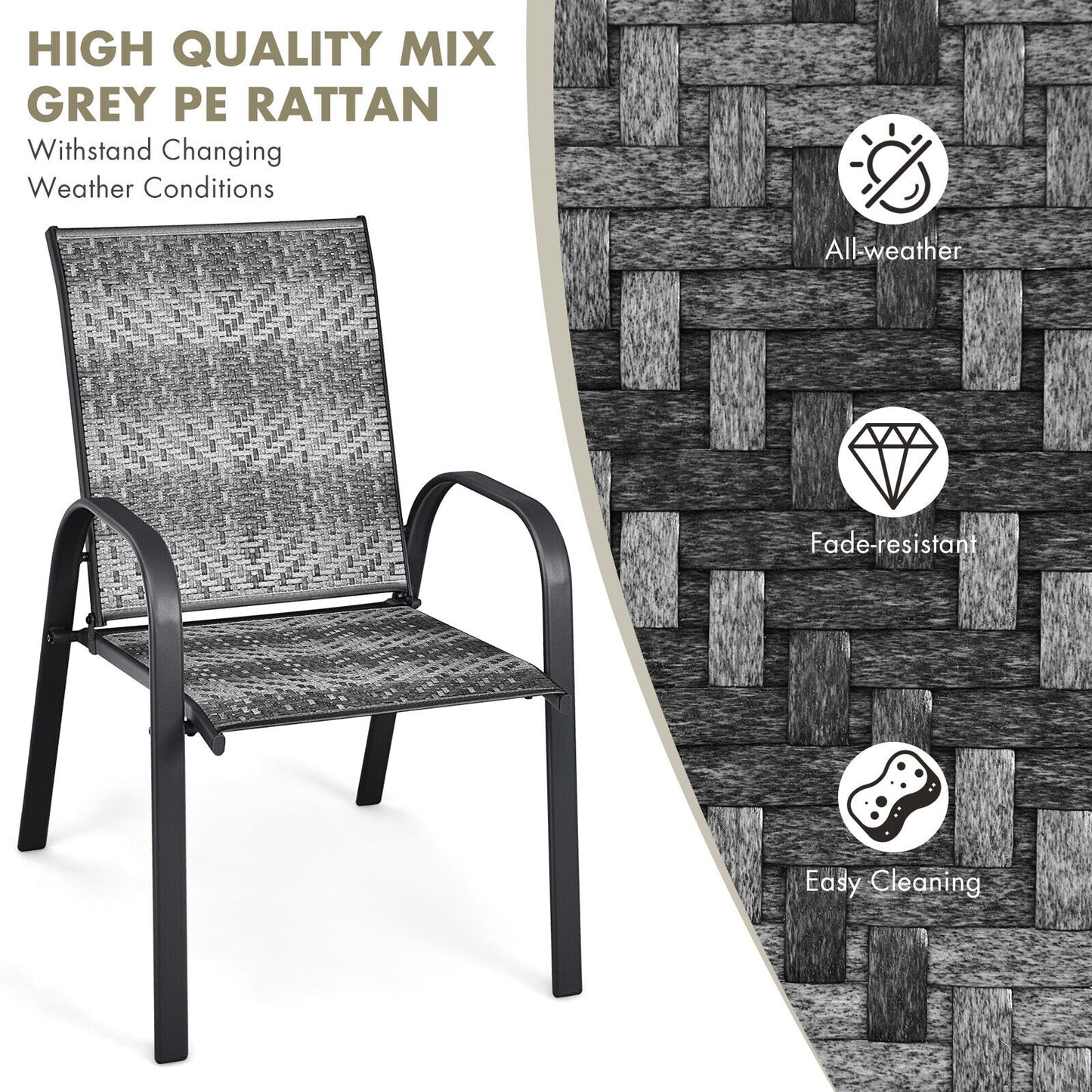 Set of 6 Outdoor PE Wicker Stackable Chairs with Sturdy Steel Frame, Gray Patio Dining Chairs at Gallery Canada