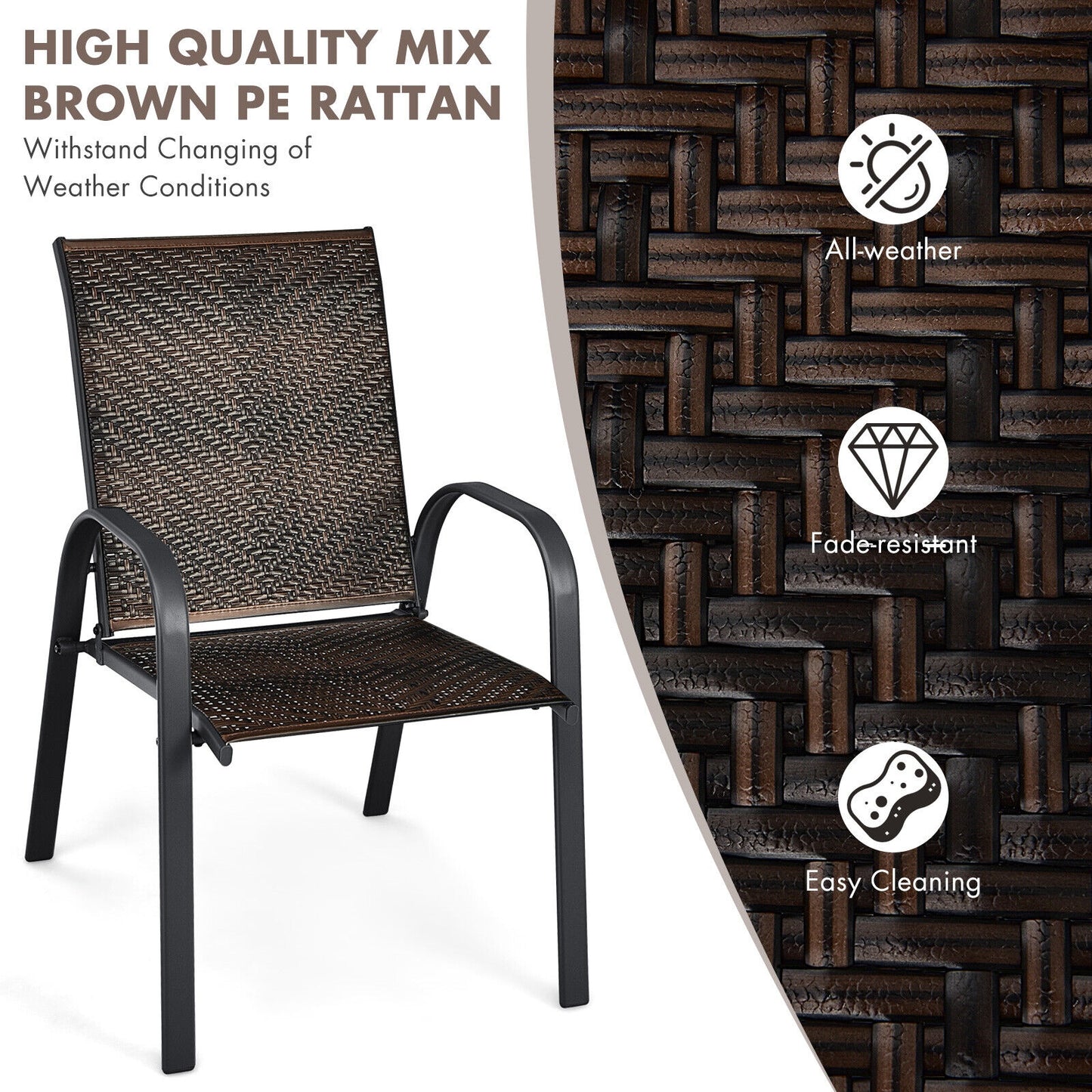 Set of 6 Outdoor PE Wicker Stackable Chairs with Sturdy Steel Frame, Brown Patio Dining Chairs at Gallery Canada