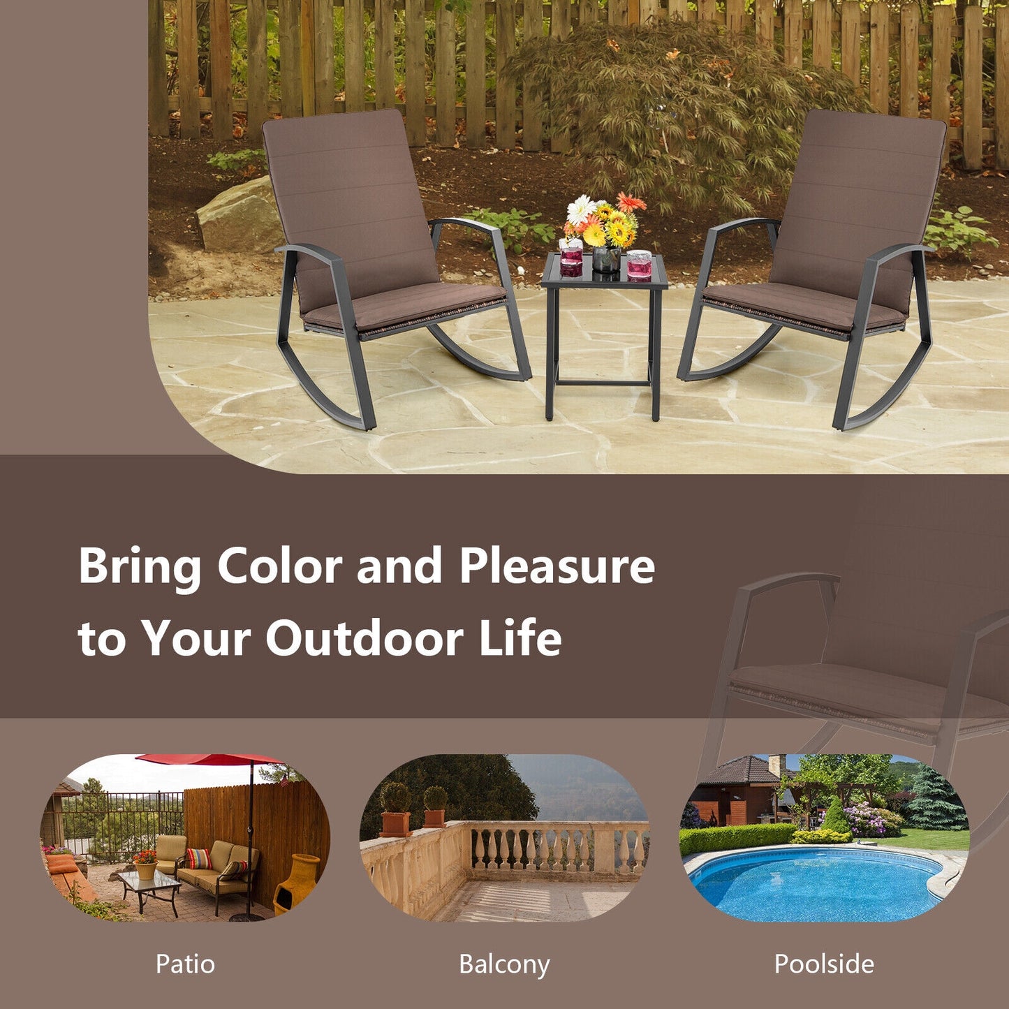 3 Piece Patio Rattan Rocking Set, Brown Patio Conversation Sets at Gallery Canada