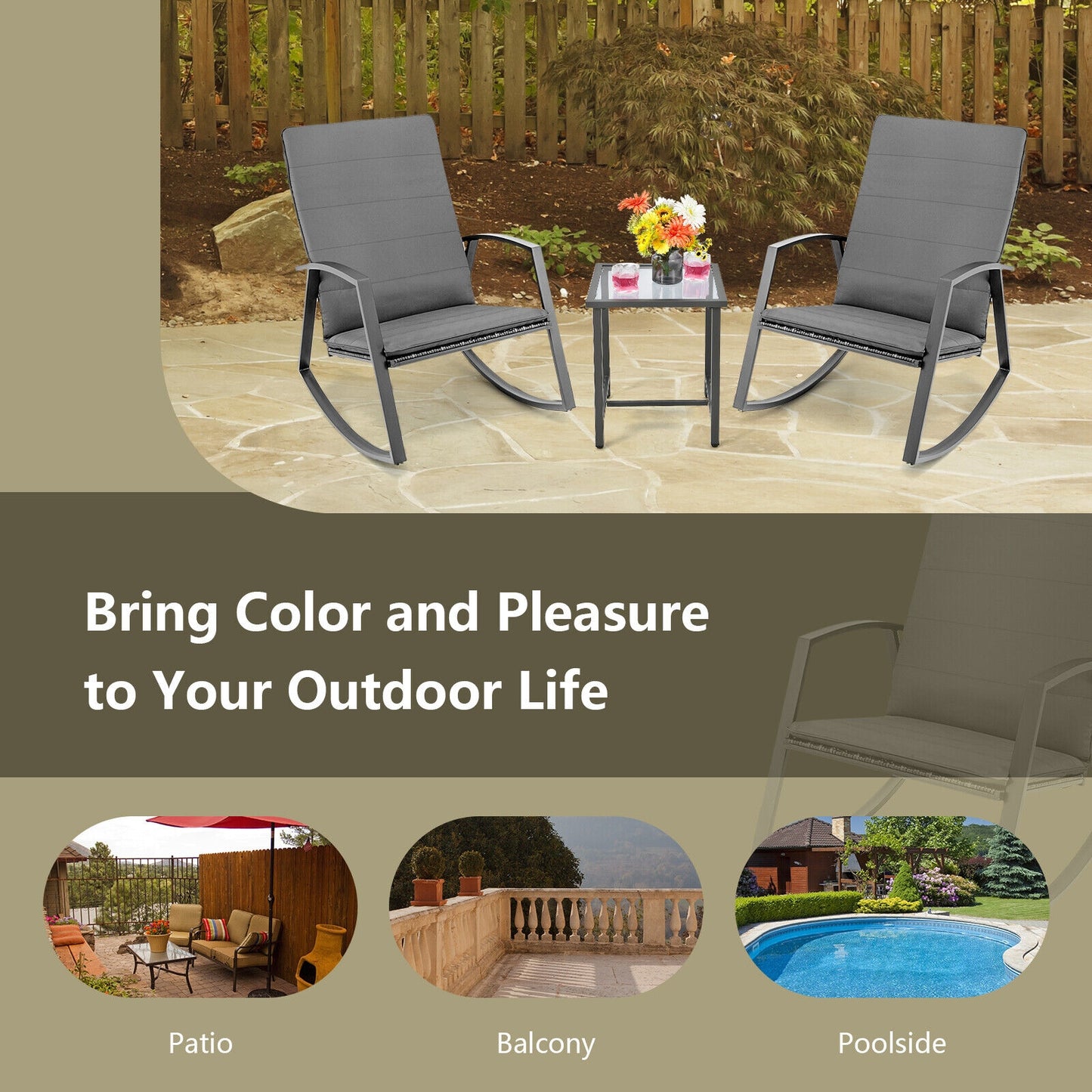 Patio Rattan Rocking Furniture Set, 3 Pieces, Gray Patio Conversation Sets at Gallery Canada