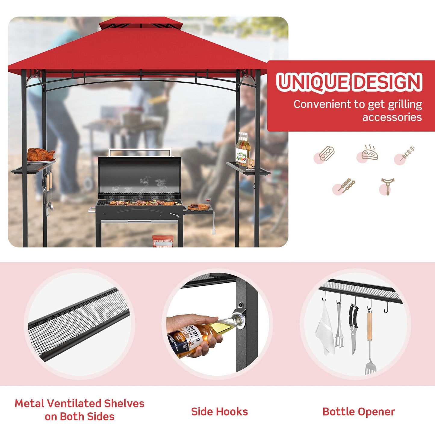 8 x 5 Pieds Gazebo de Barbecue Extérieur, Rouge Foncé