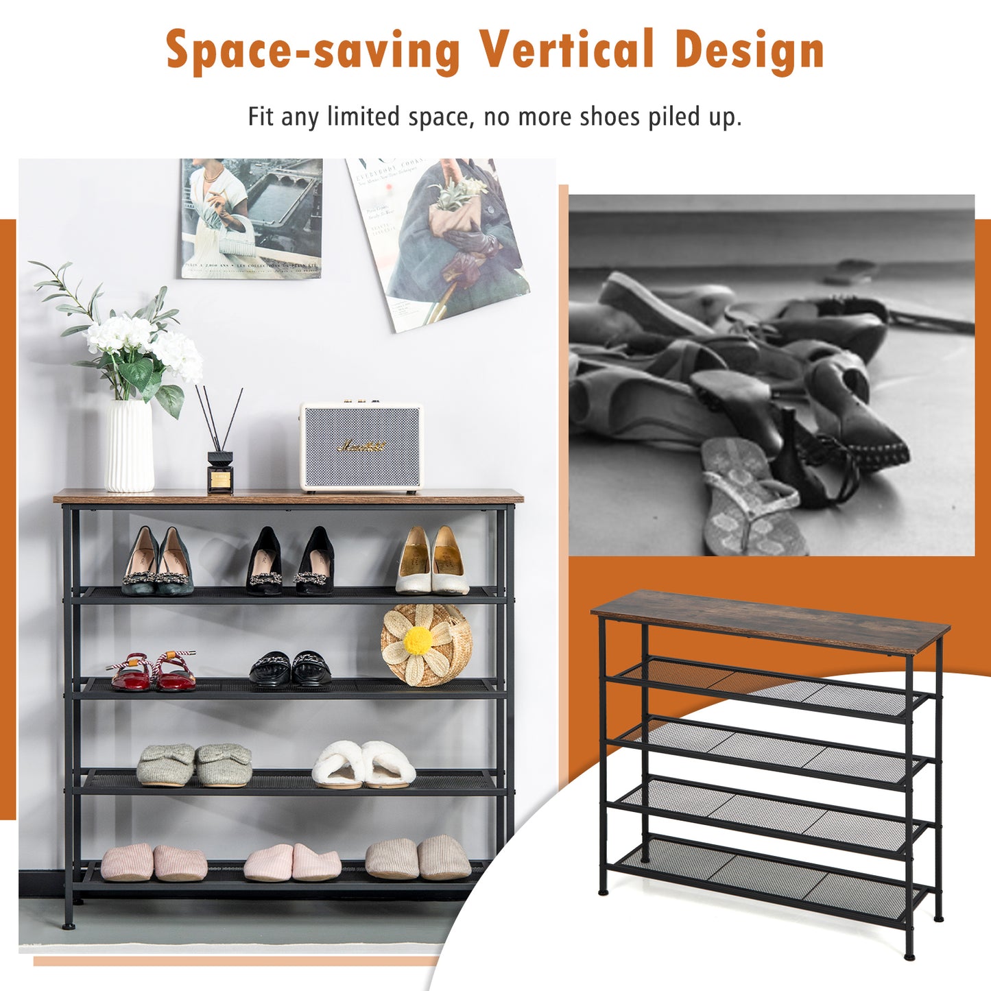 Industrial 5-Tier Metal Shoe Rack, 4 Shelves For 16-20 Pairs, Rustic Brown Shoe Racks & Storage Benches at Gallery Canada
