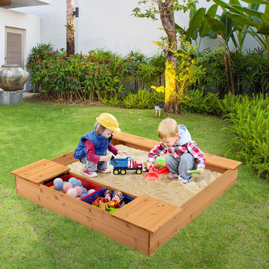 Kids Wooden Sandbox with Bench Seats and Storage Boxes, Natural Sandboxes Natural at Gallery Canada