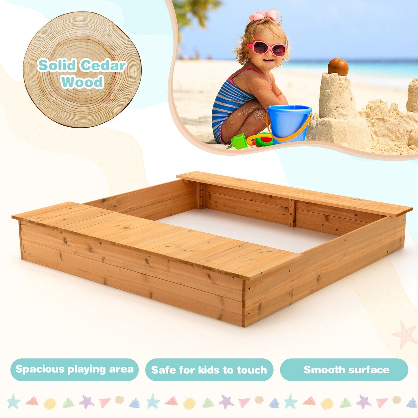 Kids Wooden Sandbox with Bench Seats and Storage Boxes, Natural Sandboxes at Gallery Canada