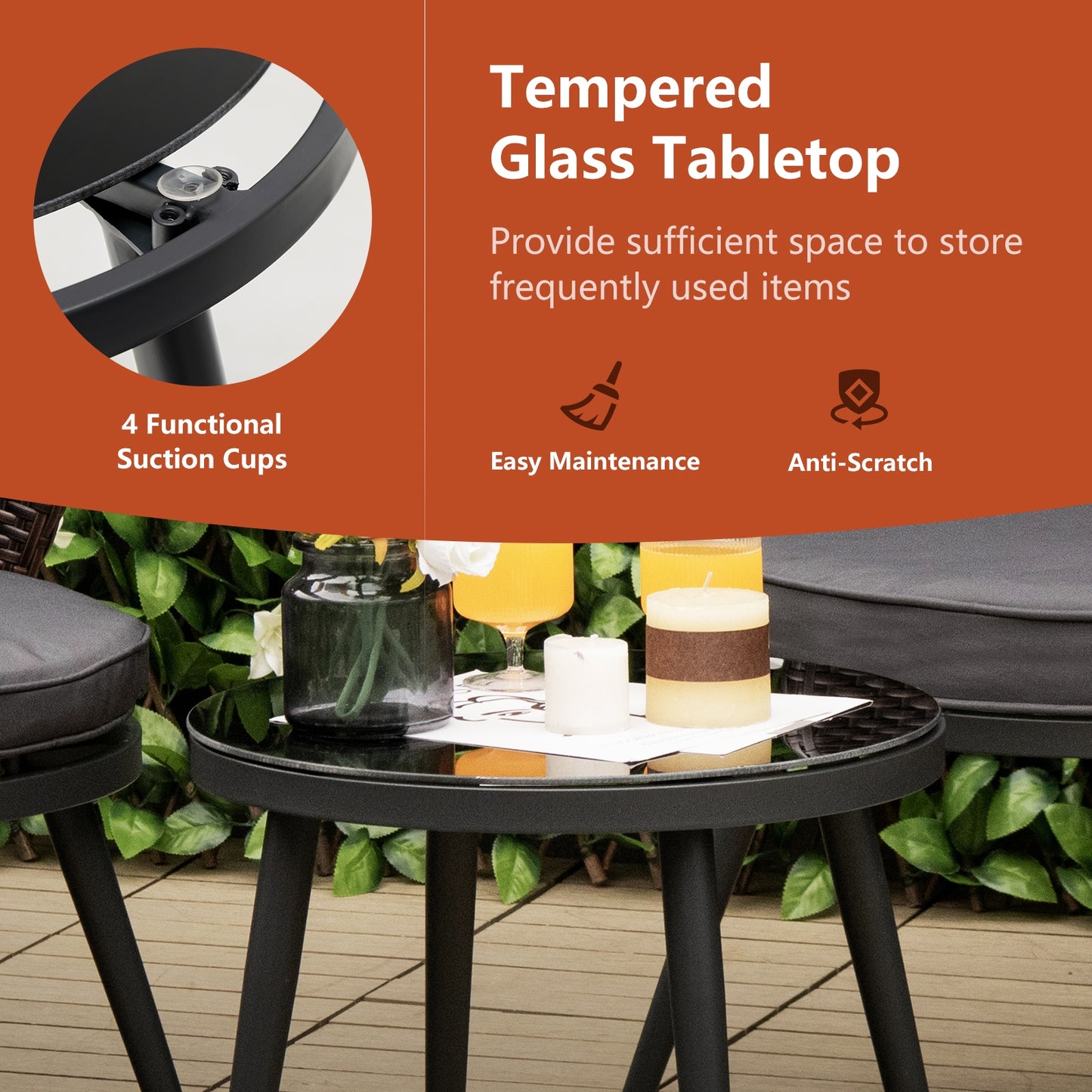 3 Piece Patio Rattan Bistro Set, 2 Seat Cushions, Tempered Glass Tabletop, Brown Patio Conversation Sets at Gallery Canada
