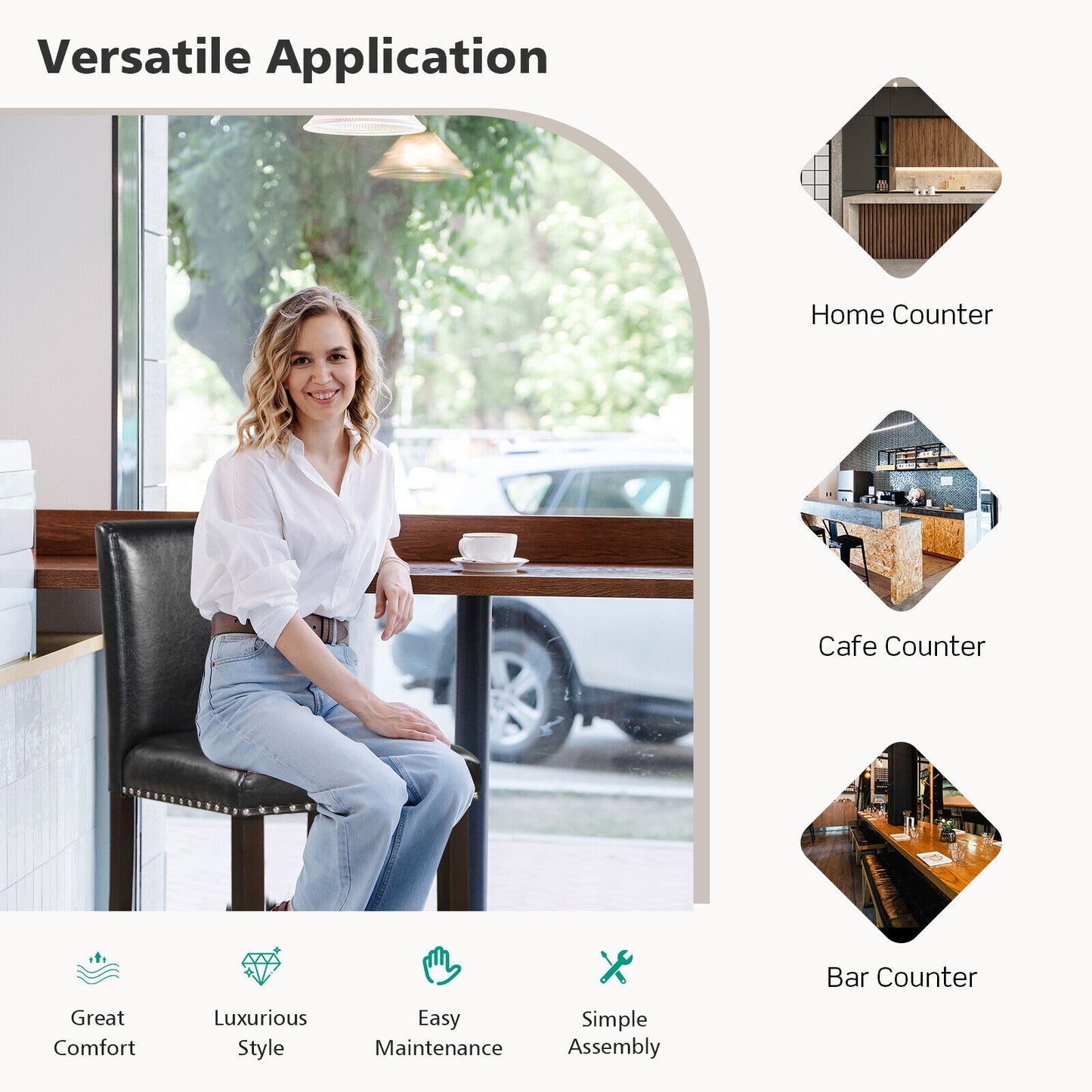 Set of 2 PVC Leather Bar Stools with Back for Kitchen Island, Black Bar Stools at Gallery Canada