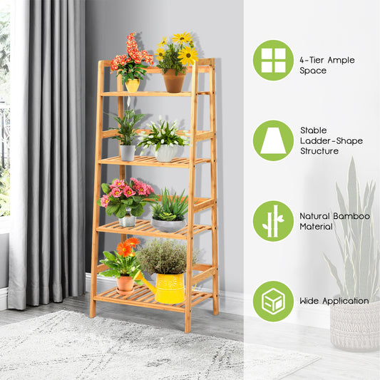 4-Tier Bamboo Plant Rack with Guardrails Stable and Space-Saving, Natural Bookcases Natural at Gallery Canada