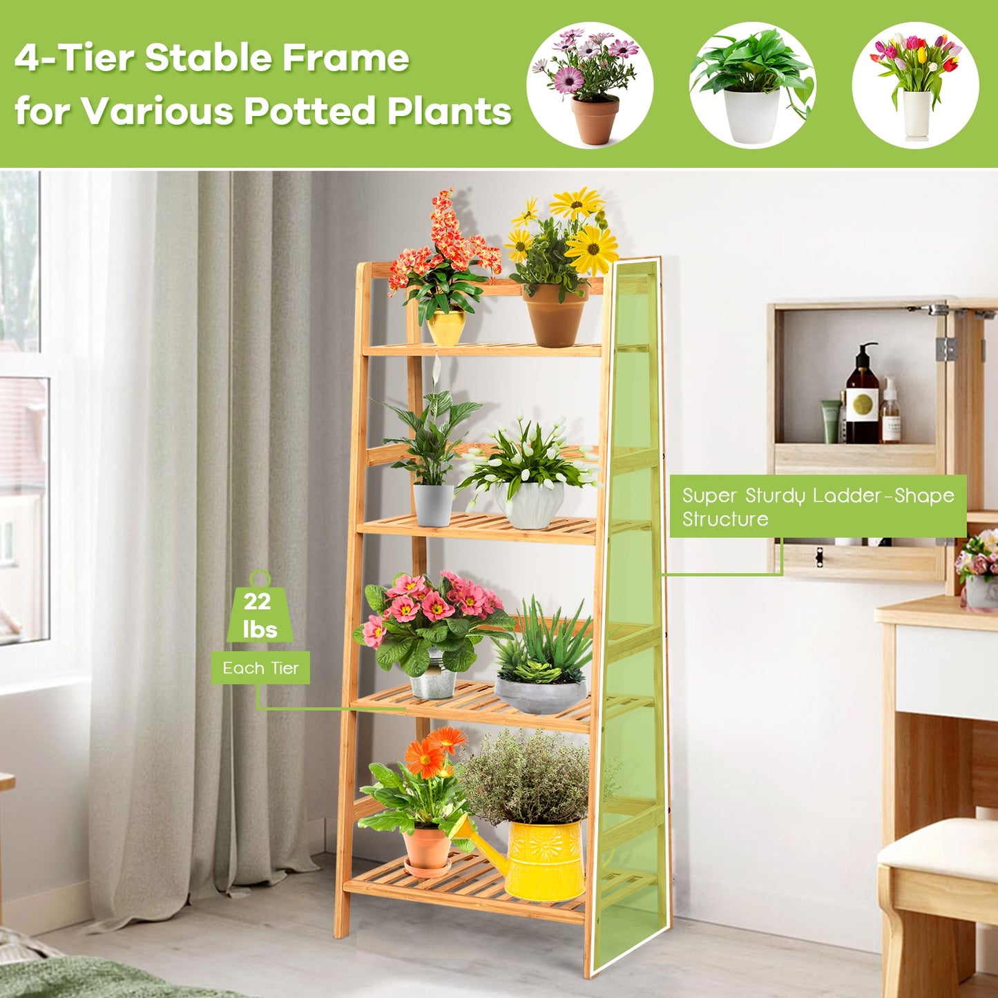 4-Tier Bamboo Plant Rack with Guardrails Stable and Space-Saving, Natural Bookcases at Gallery Canada