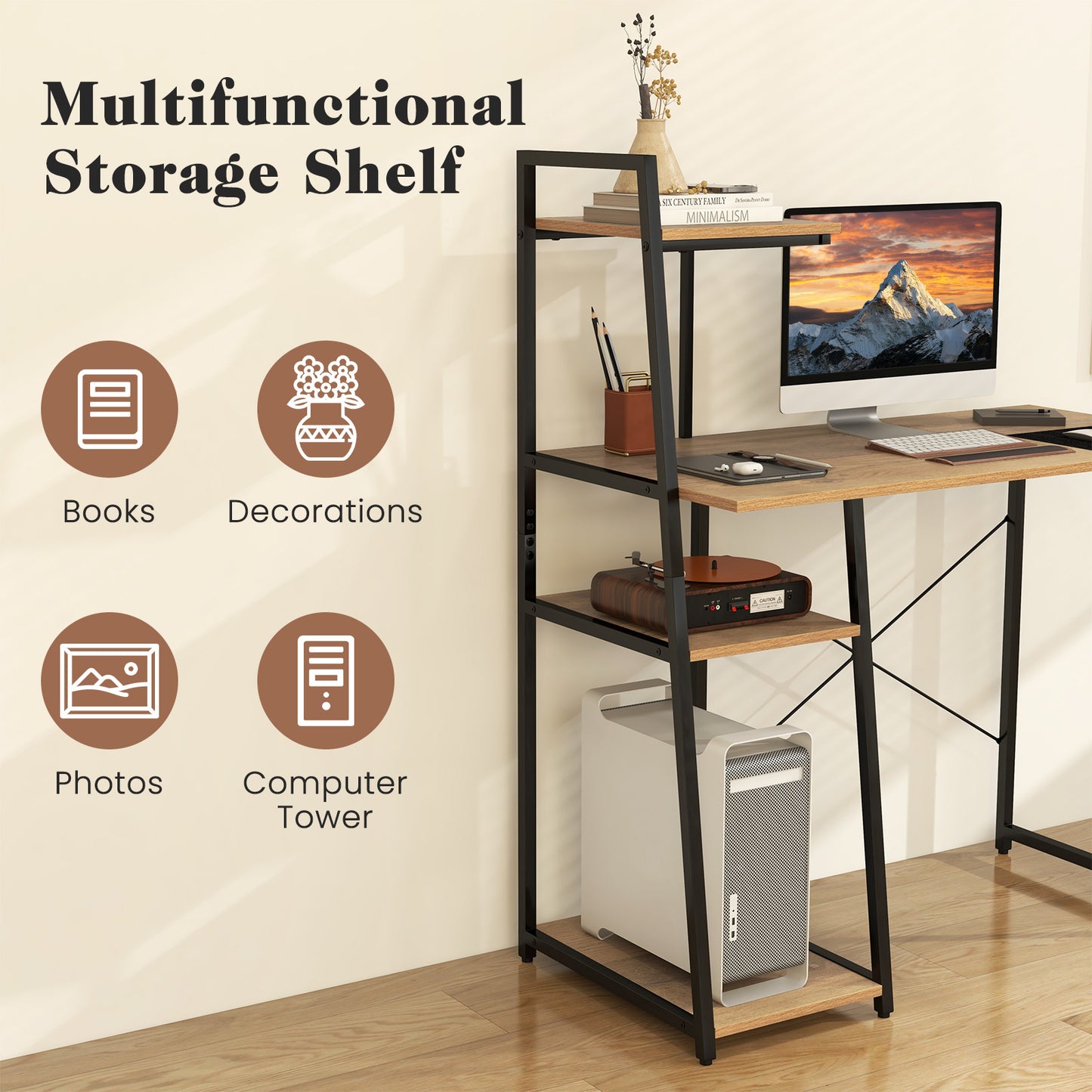 Compact Computer Desk Workstation, 4 Tier Shelves, Natural Writing Desks at Gallery Canada