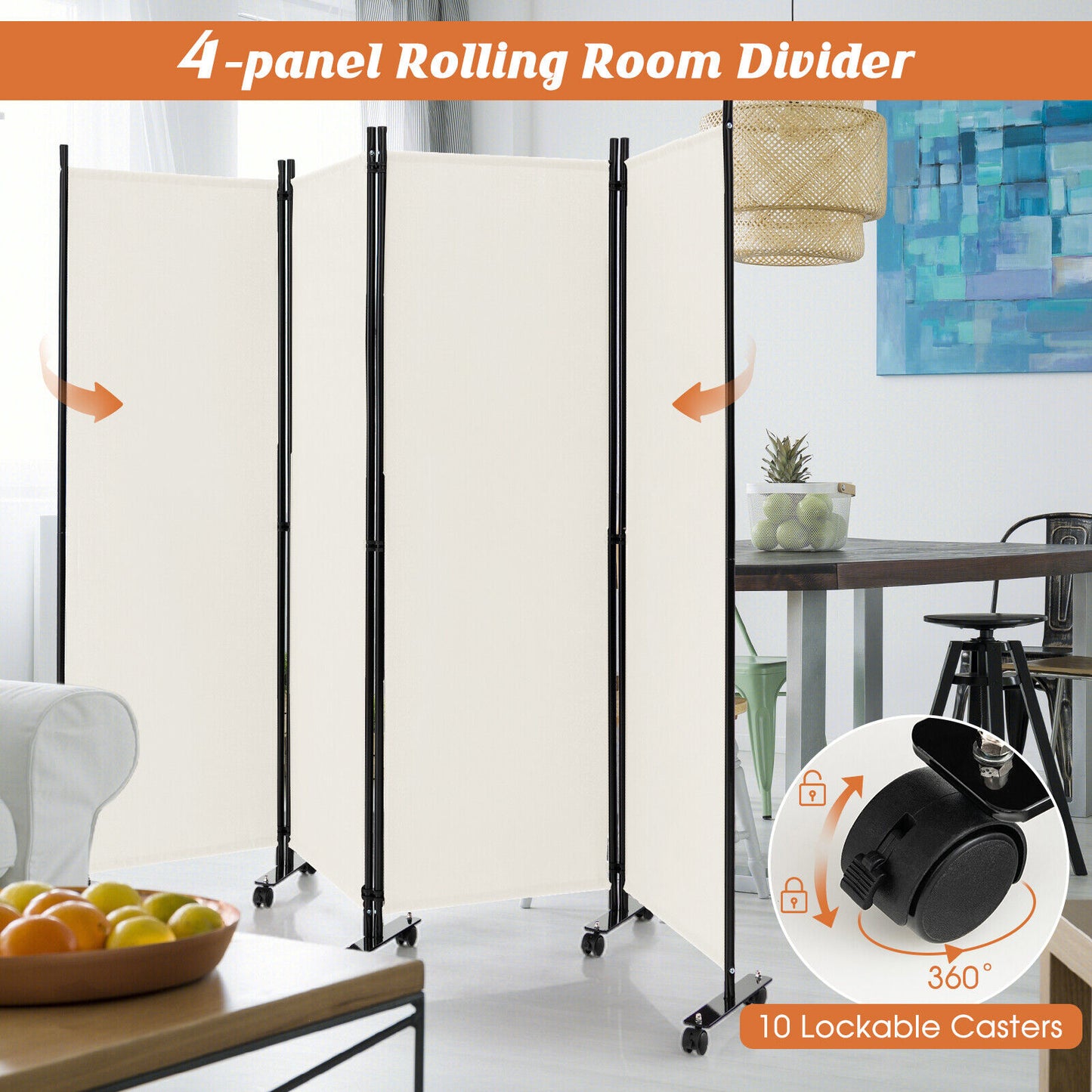 4-Panel Folding Room Divider, 6 Feet, Lockable Wheels, White Room Dividers at Gallery Canada