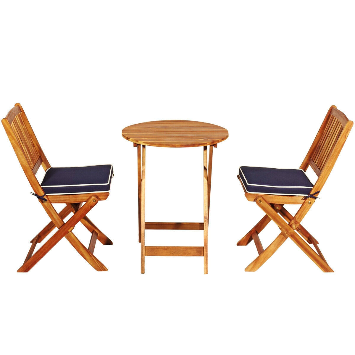 3 Piece Patio Folding Wooden Bistro Set, Cushioned Chair, Navy Patio Conversation Sets at Gallery Canada