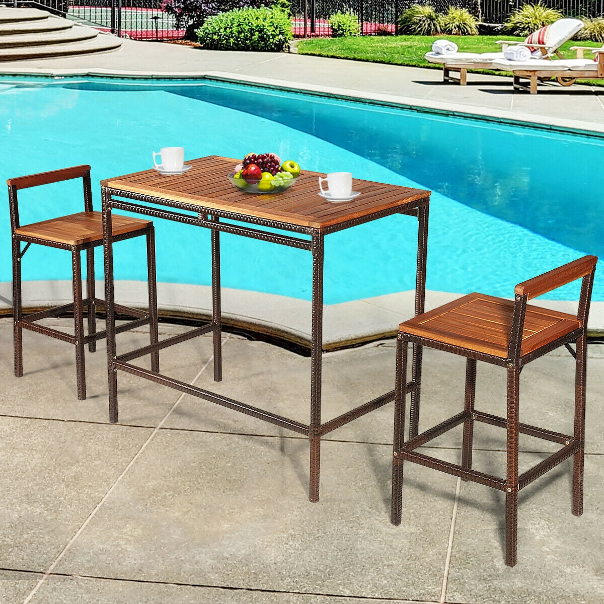 3 Piece Patio Rattan Bar Dining Set, Natural