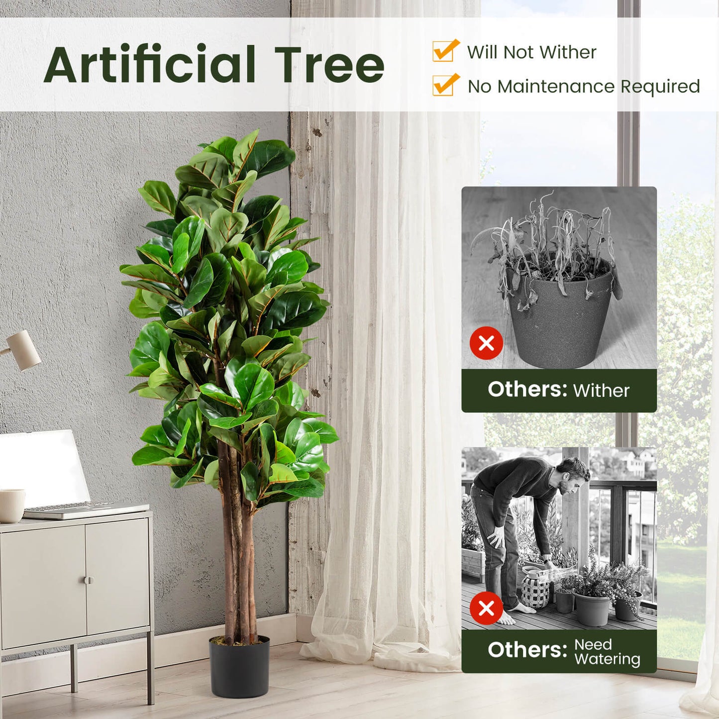 Artificial Fiddle Leaf Fig Tree, 5 Feet, Green Faux Plants at Gallery Canada