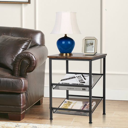3-Tier Industrial End Table with Mesh Shelves and Adjustable Shelves, Rustic Brown End & Side Tables Rustic Brown at Gallery Canada